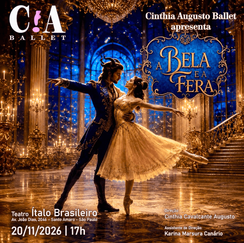 Arte de divulgação de A Bela e a Fera | Espetáculo Cinthia Augusto ballet