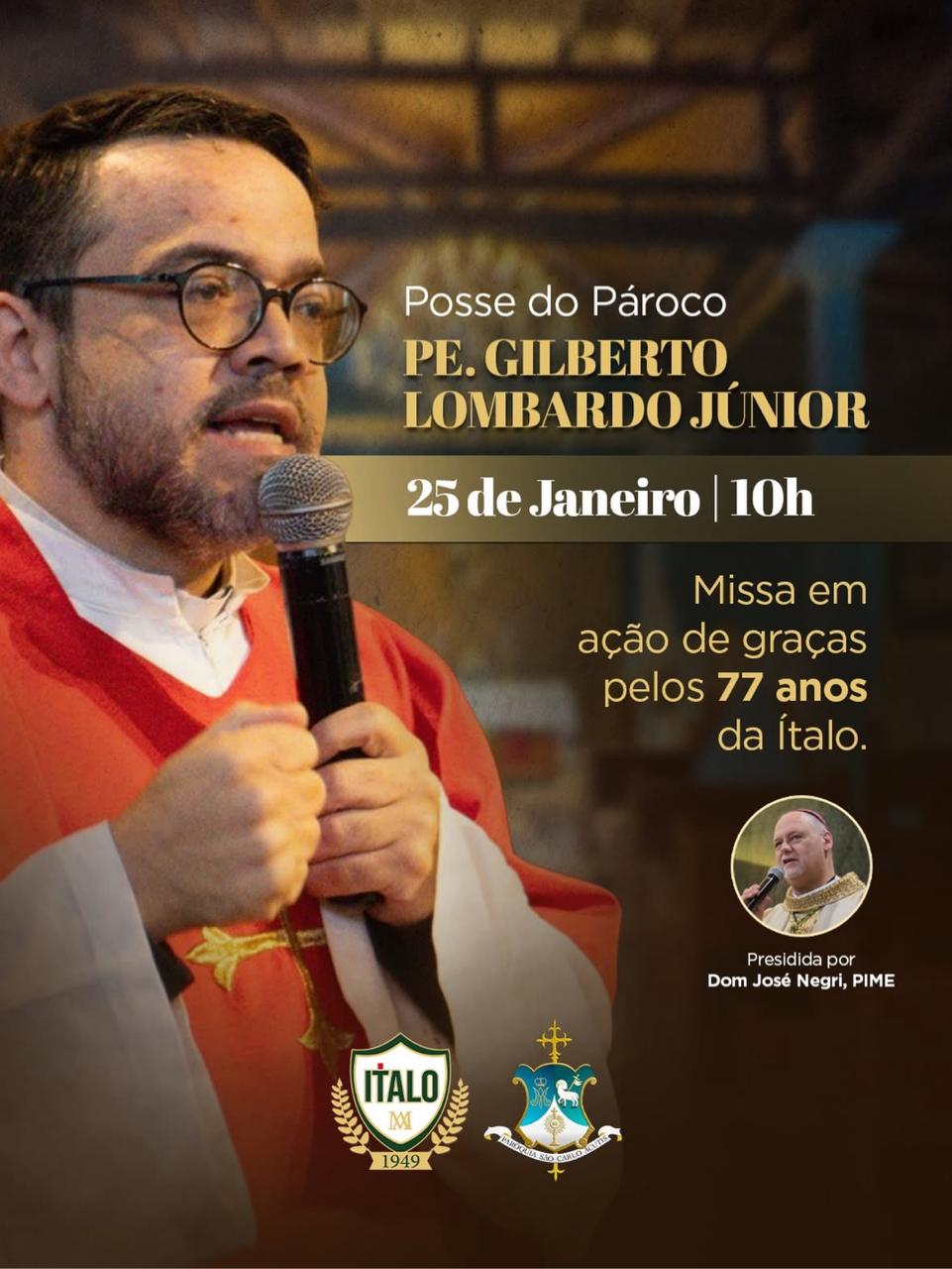 Arte de divulgação de Santa Missa de Posse e Ação de graças pelos 77 anos da UniItalo